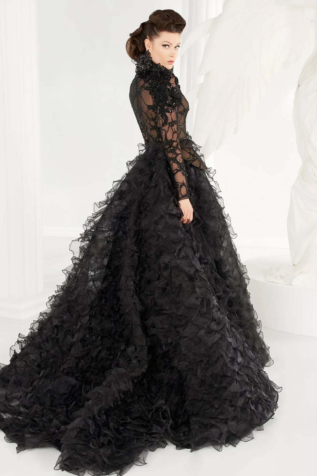 High-Neck Lace with Beaded Ruffled Ball Dress