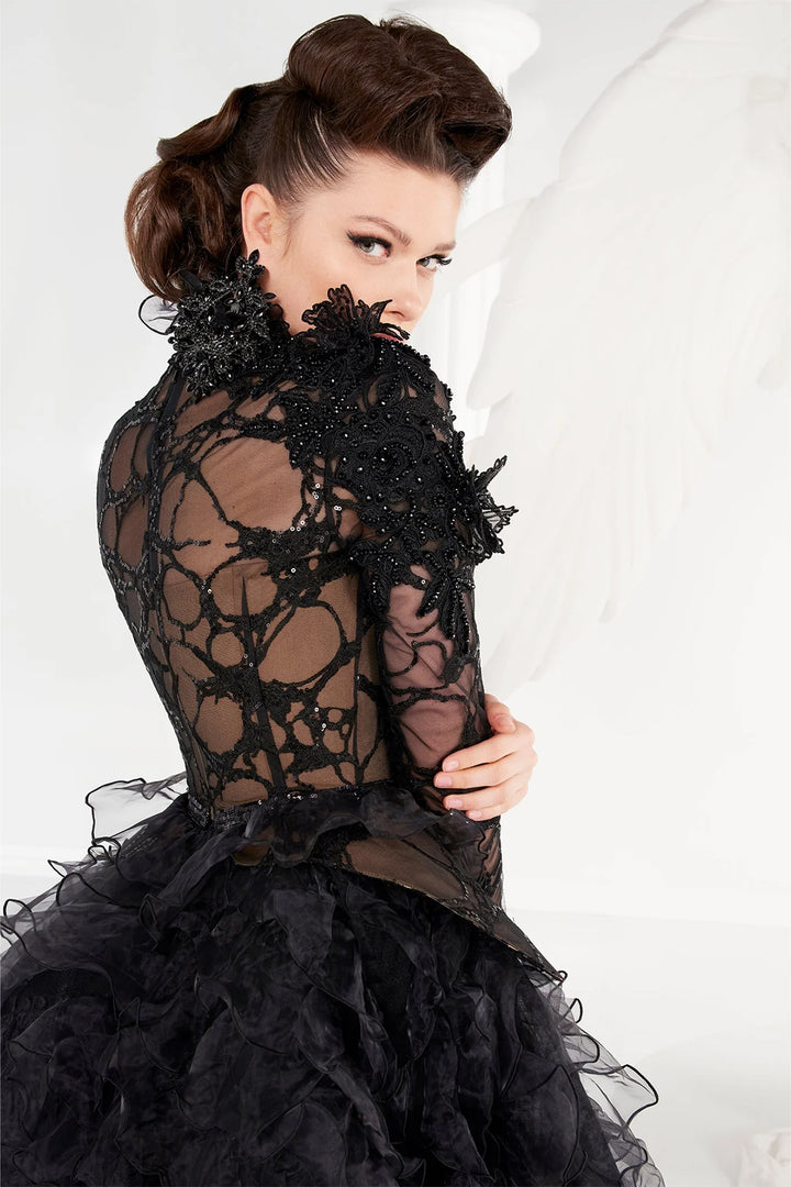 High-Neck Lace with Beaded Ruffled Ball Dress