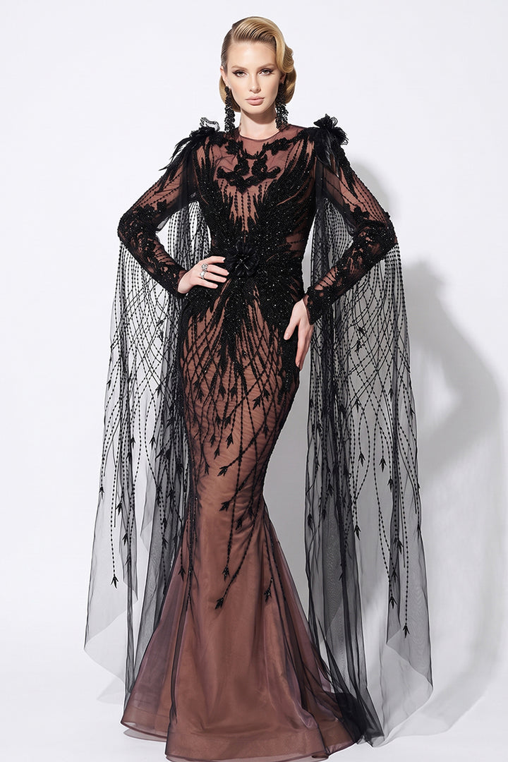 Long Sleeve with 3D Floral Cape Mermaid Dress