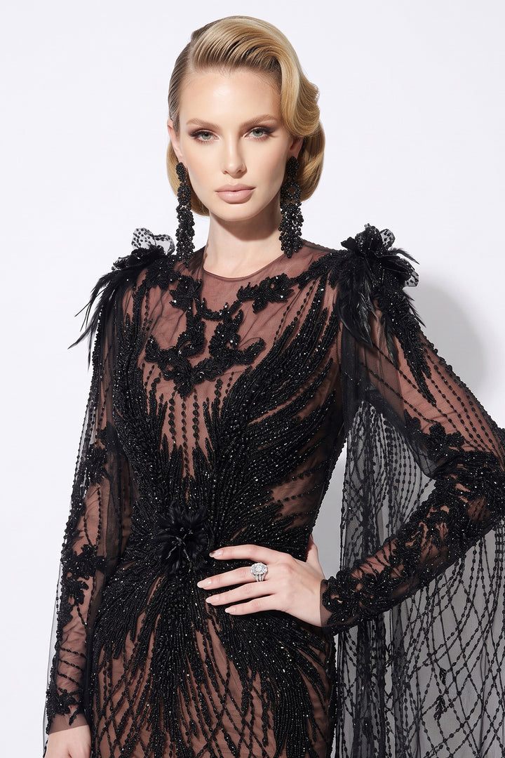 Long Sleeve with 3D Floral Cape Mermaid Dress