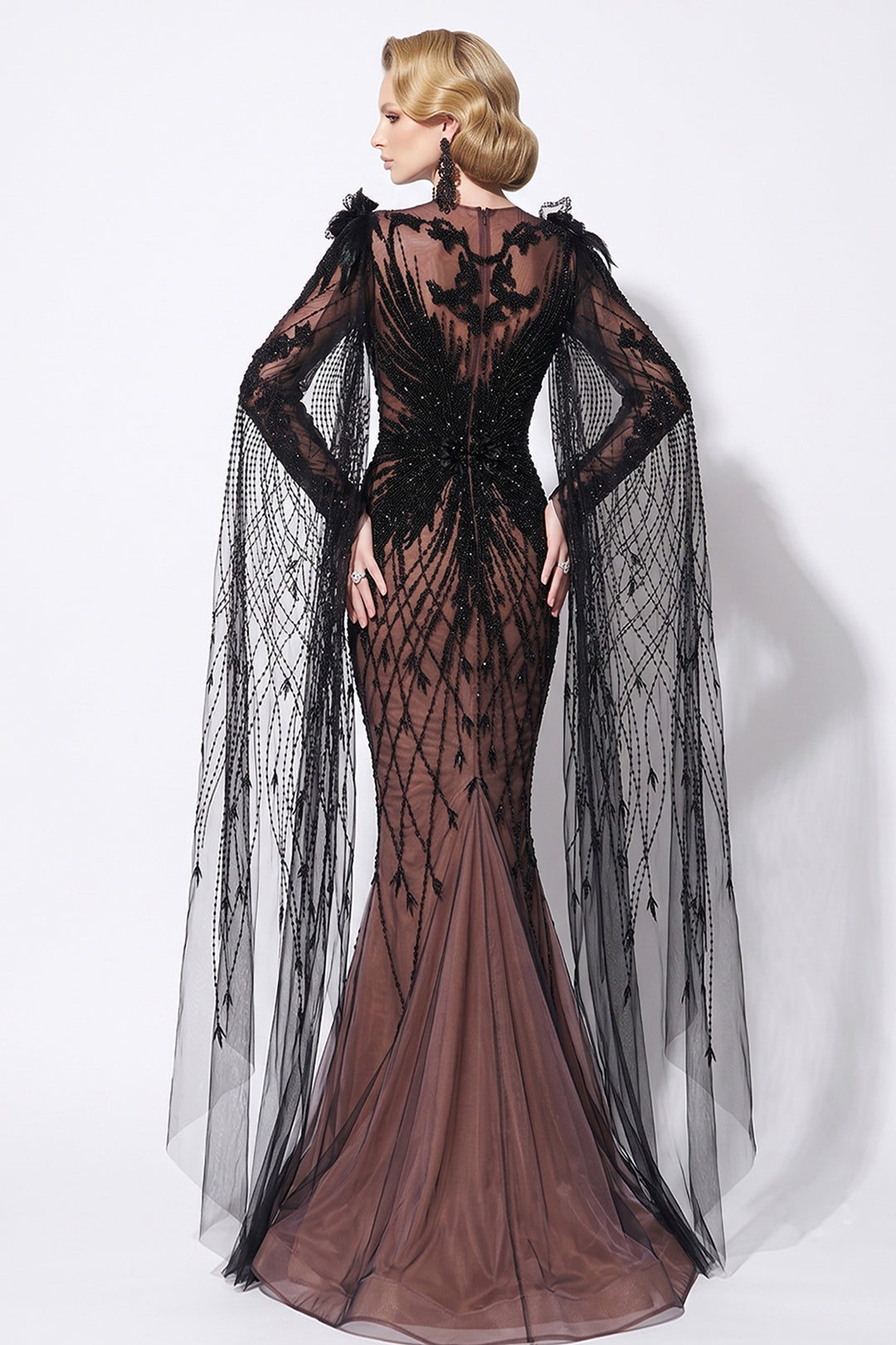 Long Sleeve with 3D Floral Cape Mermaid Dress
