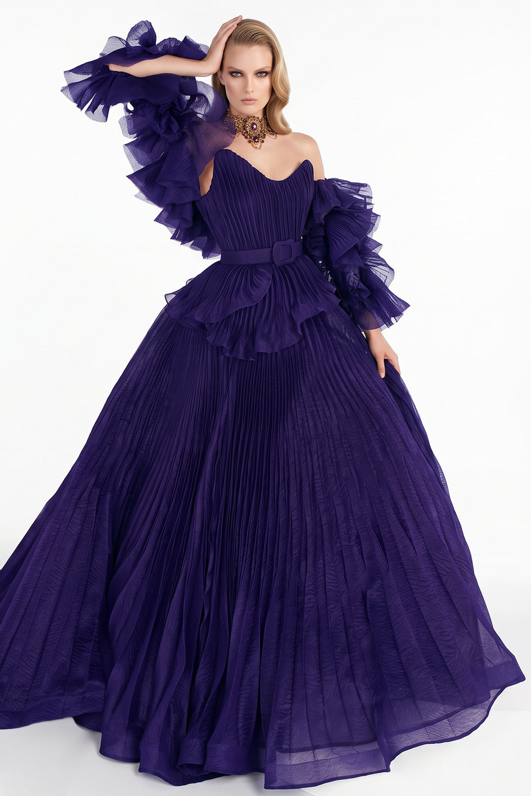 Pleated Off-The-Shoulder with A-Line Dress