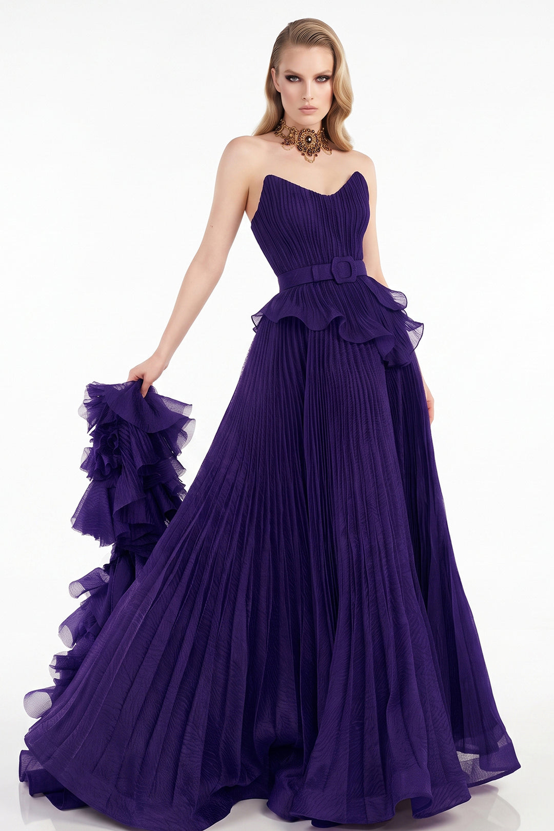 Pleated Off-The-Shoulder with A-Line Dress