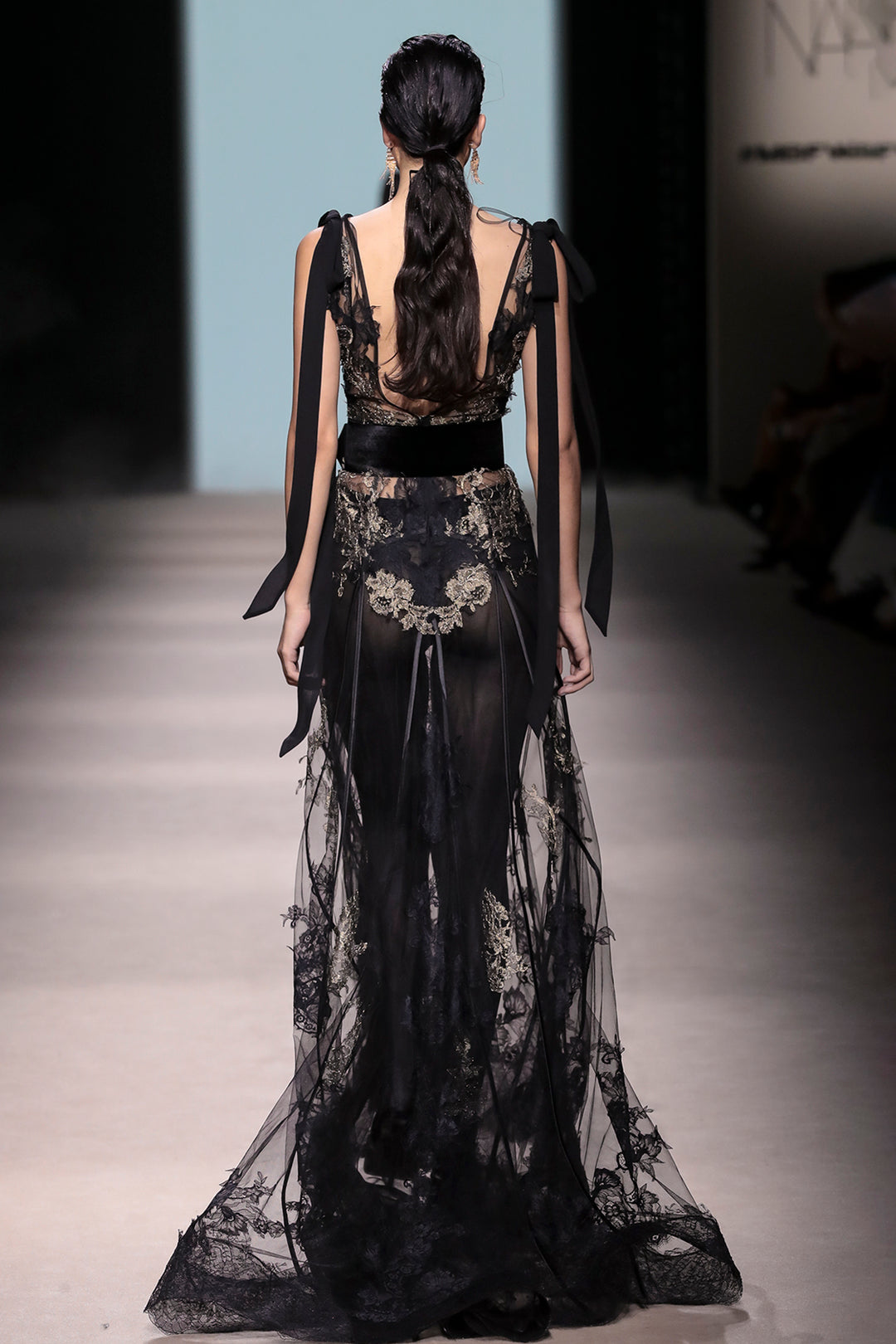 Belted Embroidered Tulle V-Neck Dress