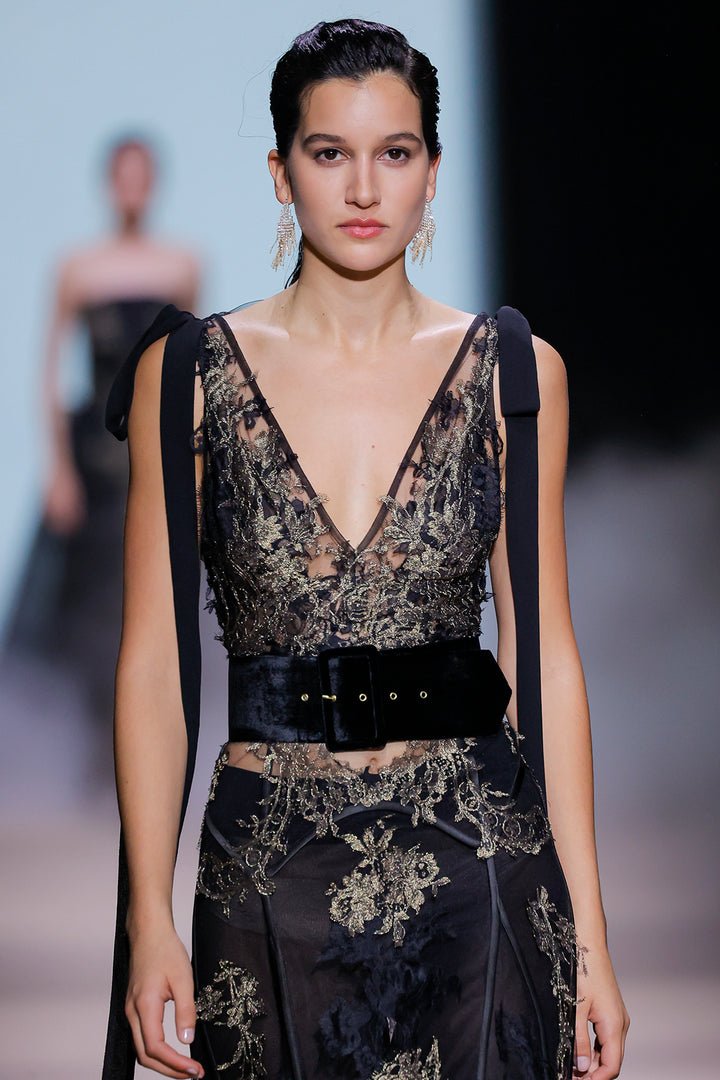 Belted Embroidered Tulle V-Neck Dress