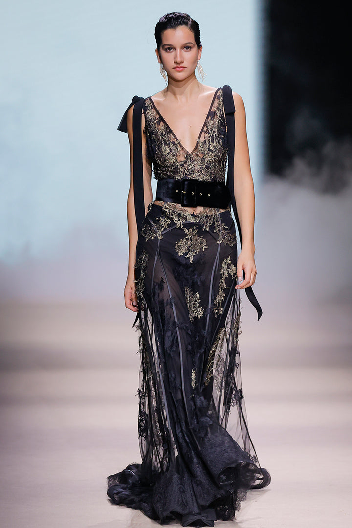 Belted Embroidered Tulle V-Neck Dress