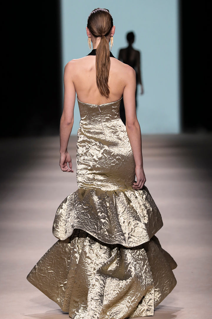 Jacquard Halter Mermaid Dress with Architectural Ruffles