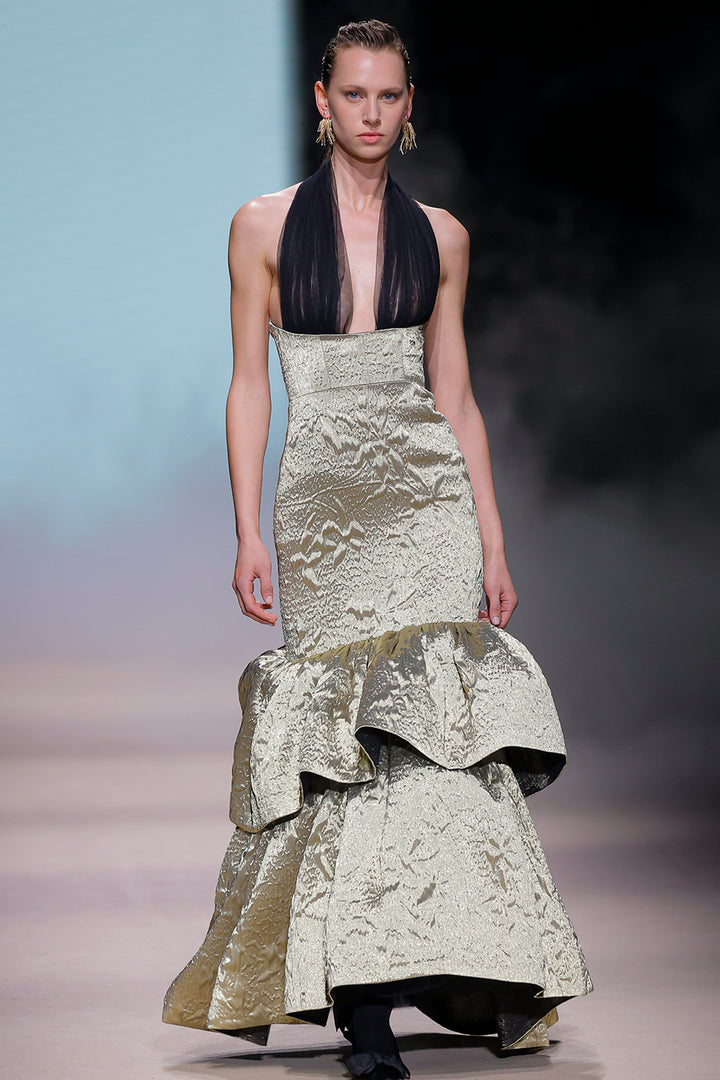 Jacquard Halter Mermaid Dress with Architectural Ruffles