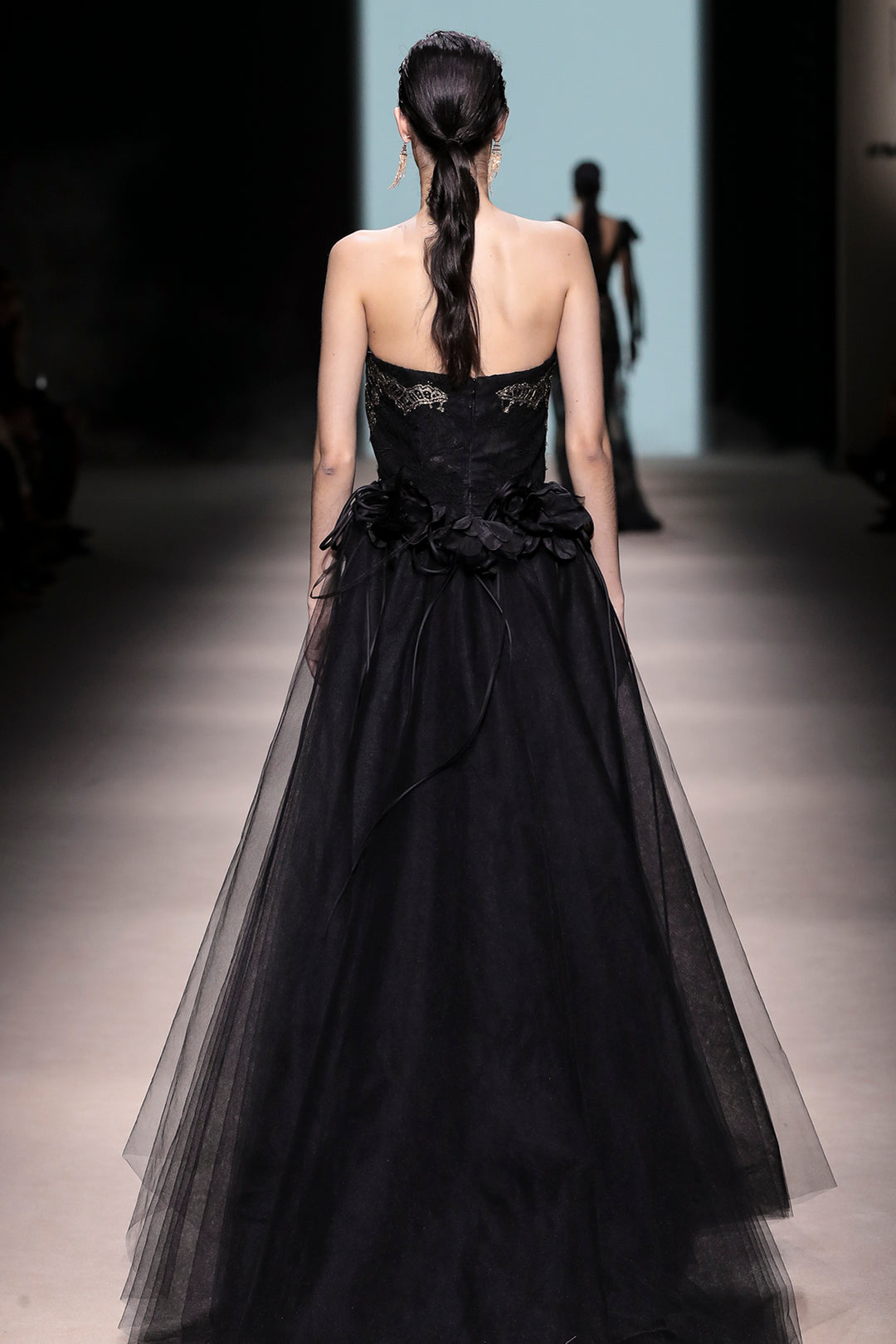 Strapless Embroidered Dress with Tulle Train