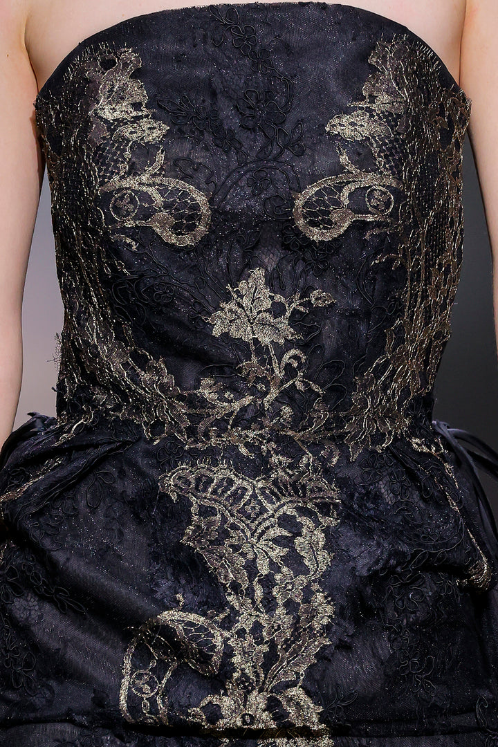 Strapless Embroidered Dress with Tulle Train