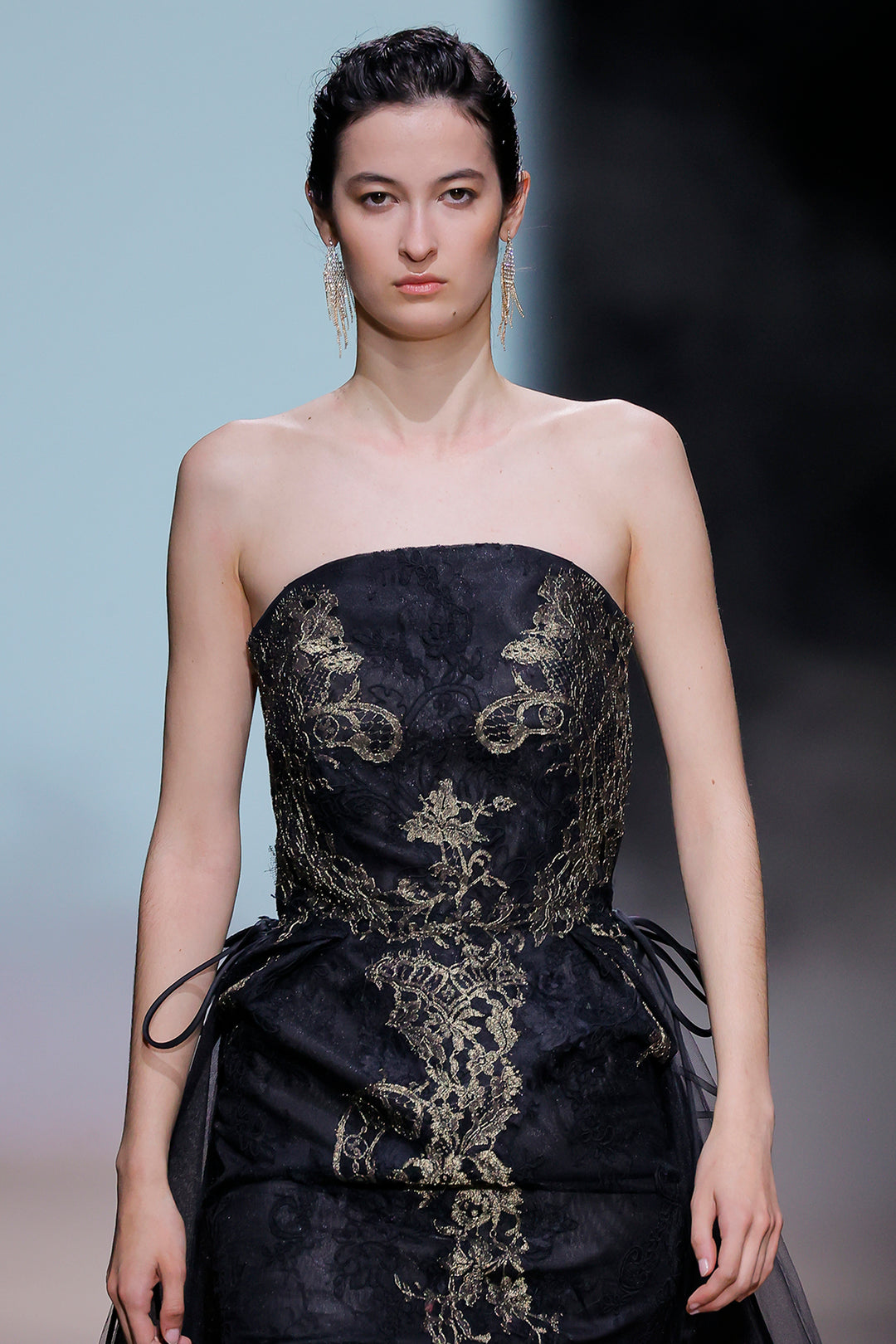 Strapless Embroidered Dress with Tulle Train