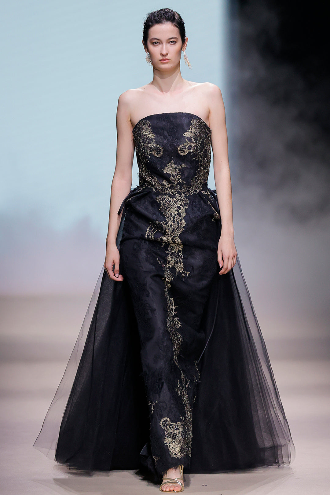 Strapless Embroidered Dress with Tulle Train