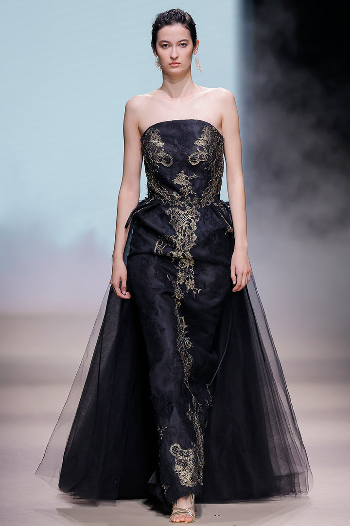 Strapless Embroidered Dress with Tulle Train
