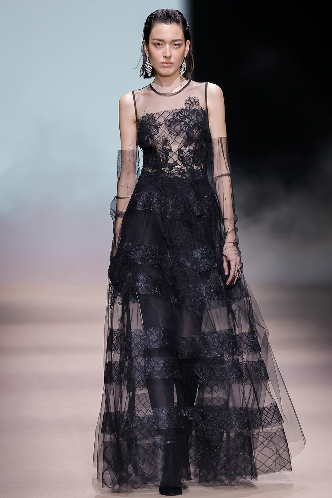 Illusion Lace with Tiered Tulle A-Line Dress
