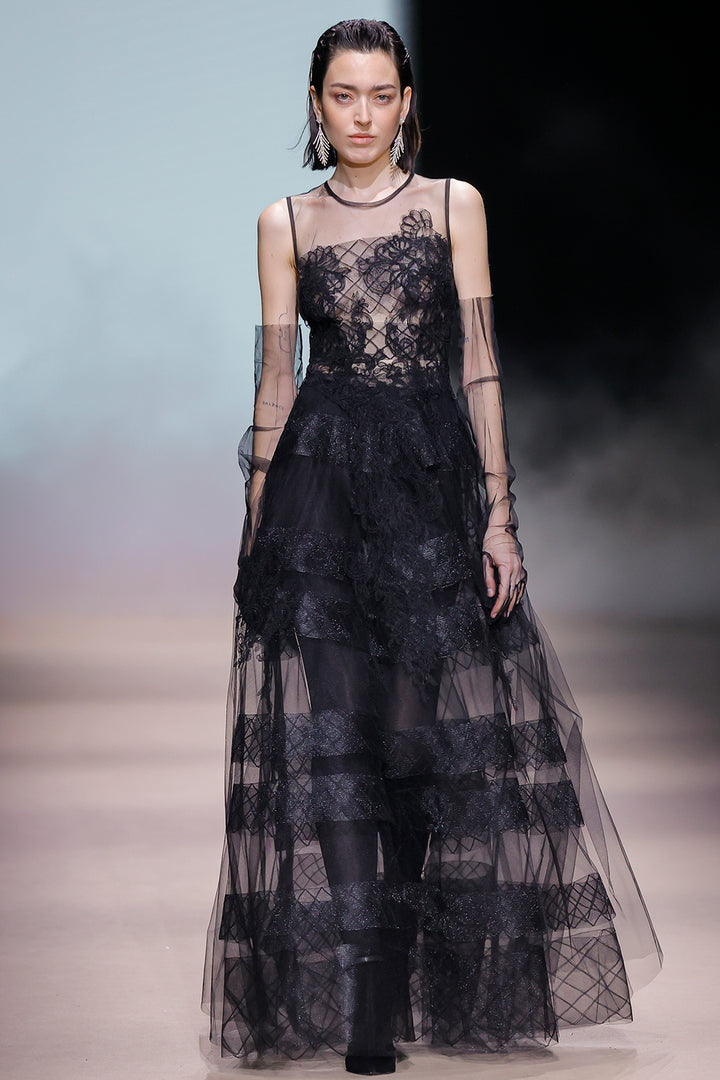 Illusion Lace with Tiered Tulle A-Line Dress