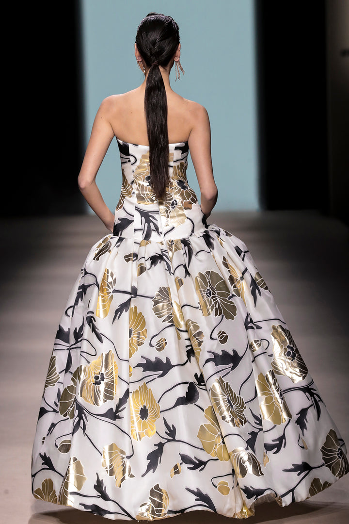 Strapless Sculptural Floral A-Line Dress