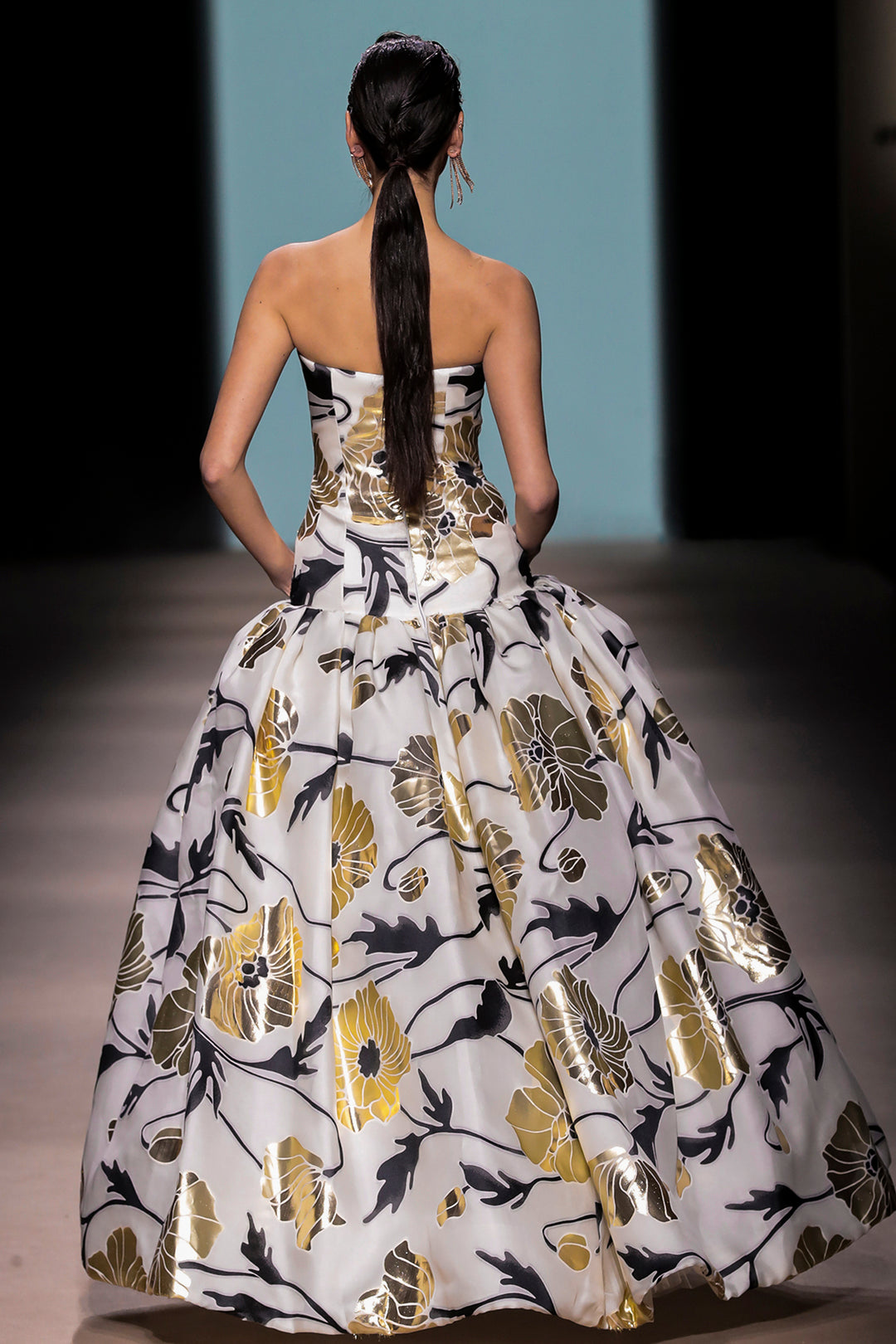 Strapless Sculptural Floral A-Line Dress