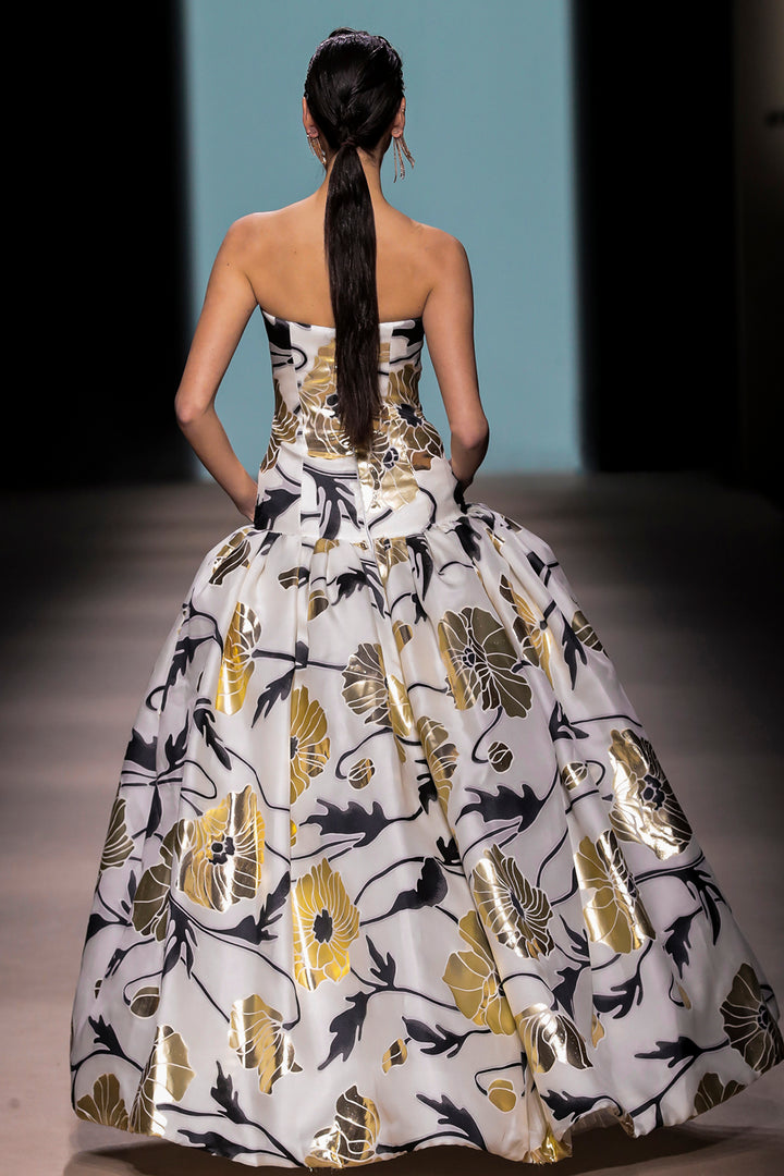 Strapless Sculptural Floral A-Line Dress