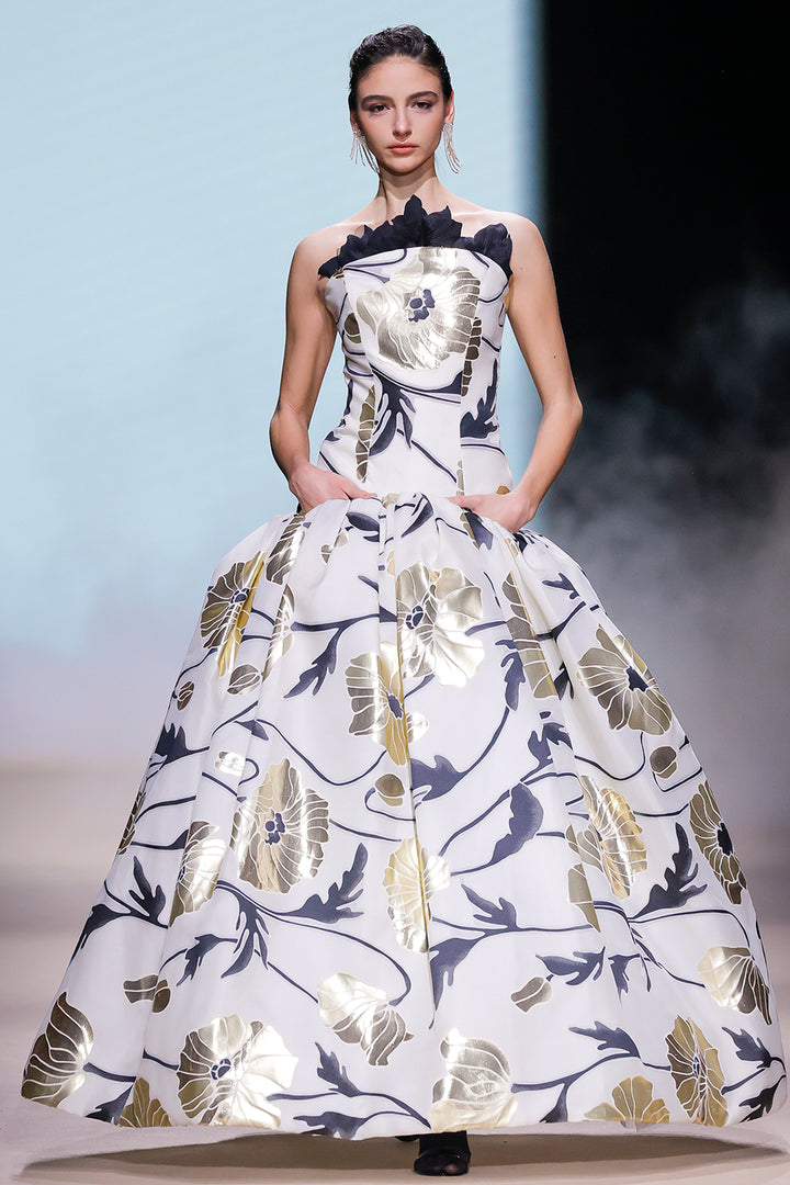 Strapless Sculptural Floral A-Line Dress