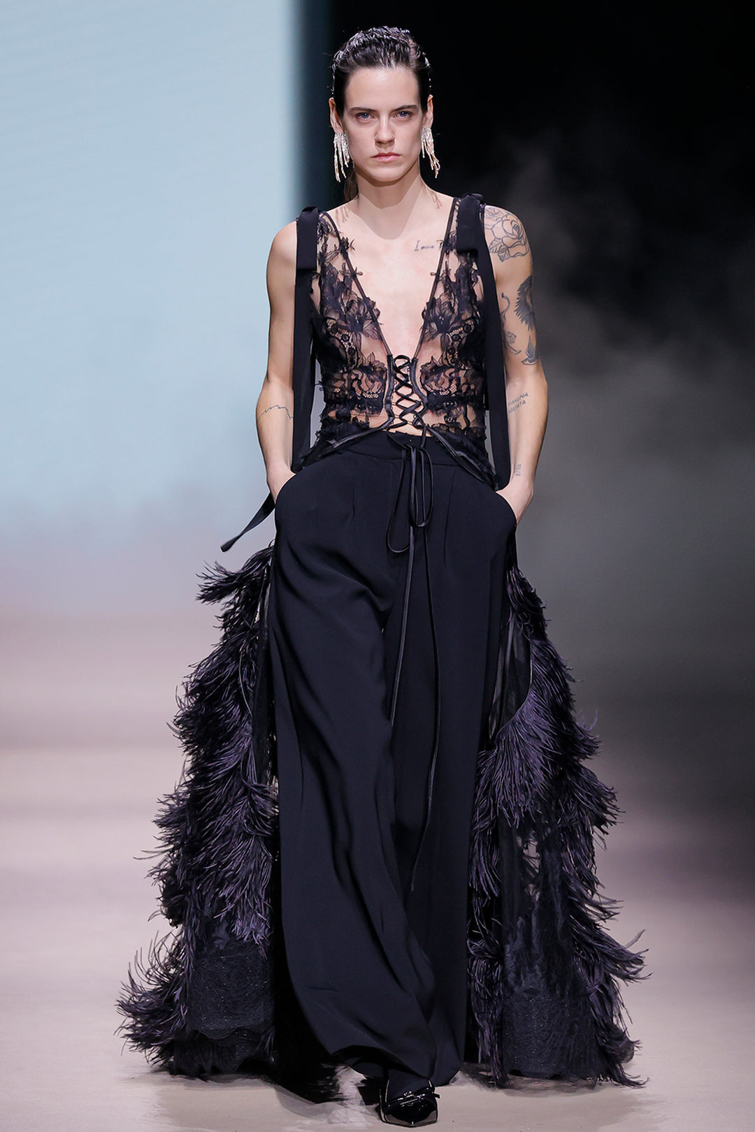 Floral Tulle Lace-Up Corset with Trousers