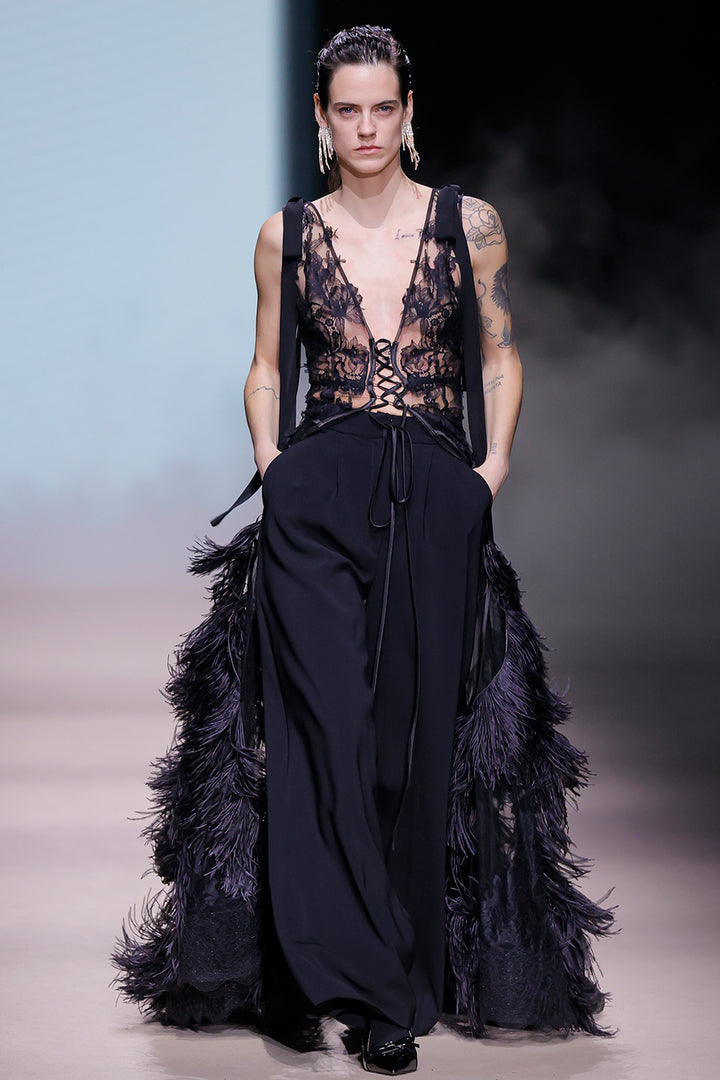 Floral Tulle Lace-Up Corset with Trousers