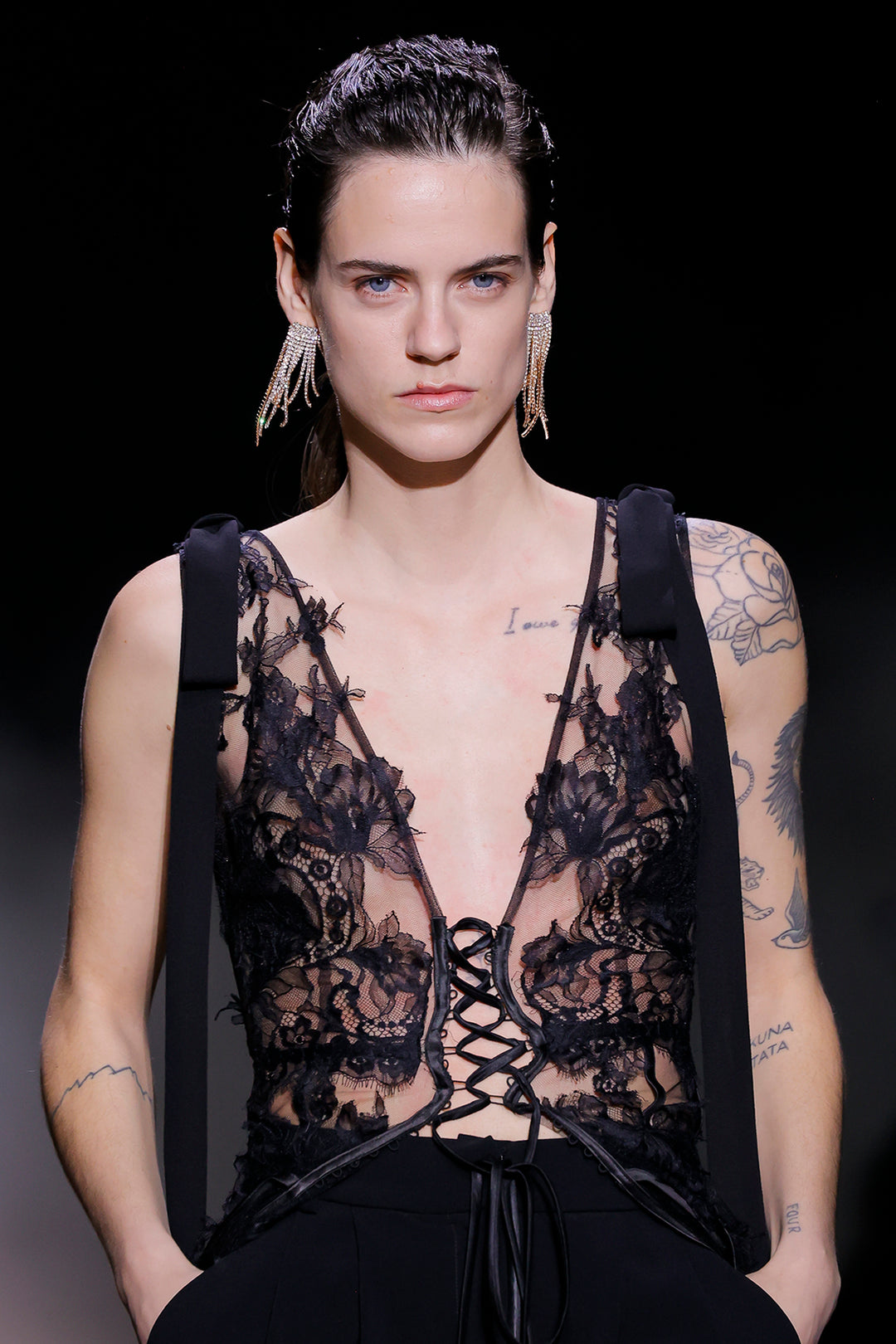 Floral Tulle Lace-Up Corset with Trousers