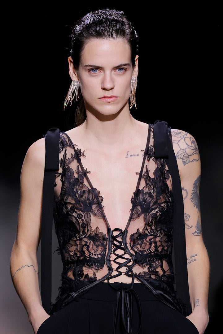 Floral Tulle Lace-Up Corset with Trousers