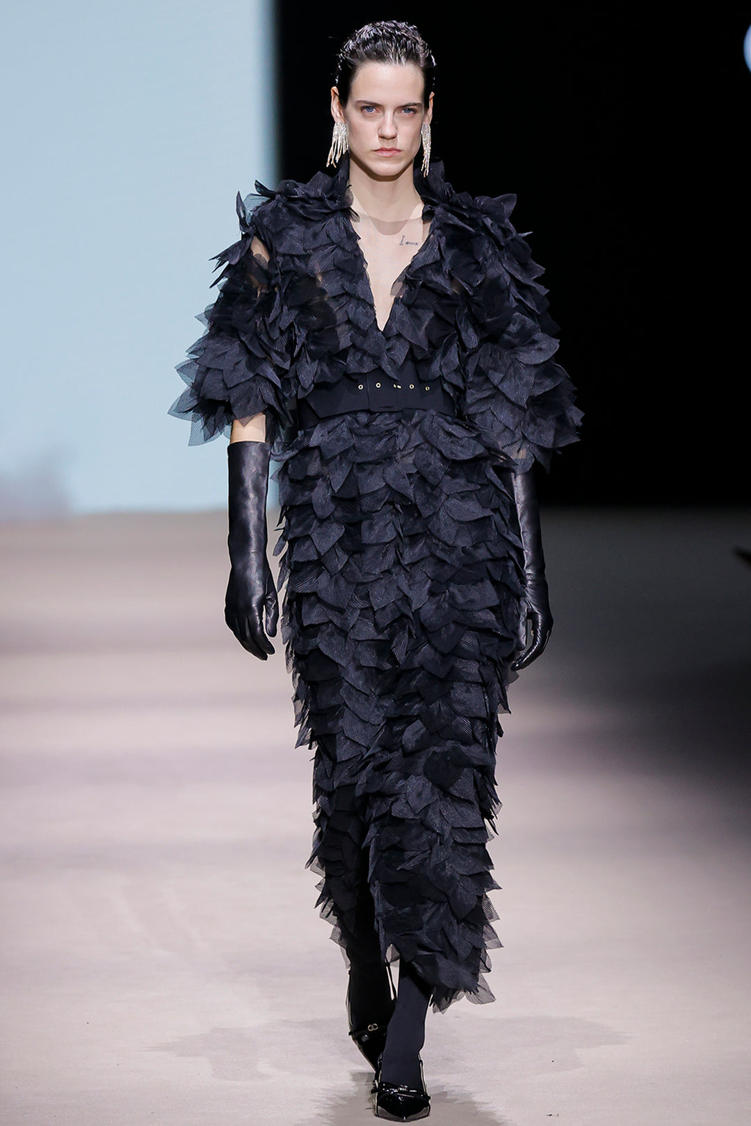 Feather Appliqué Tulle Statement Coat