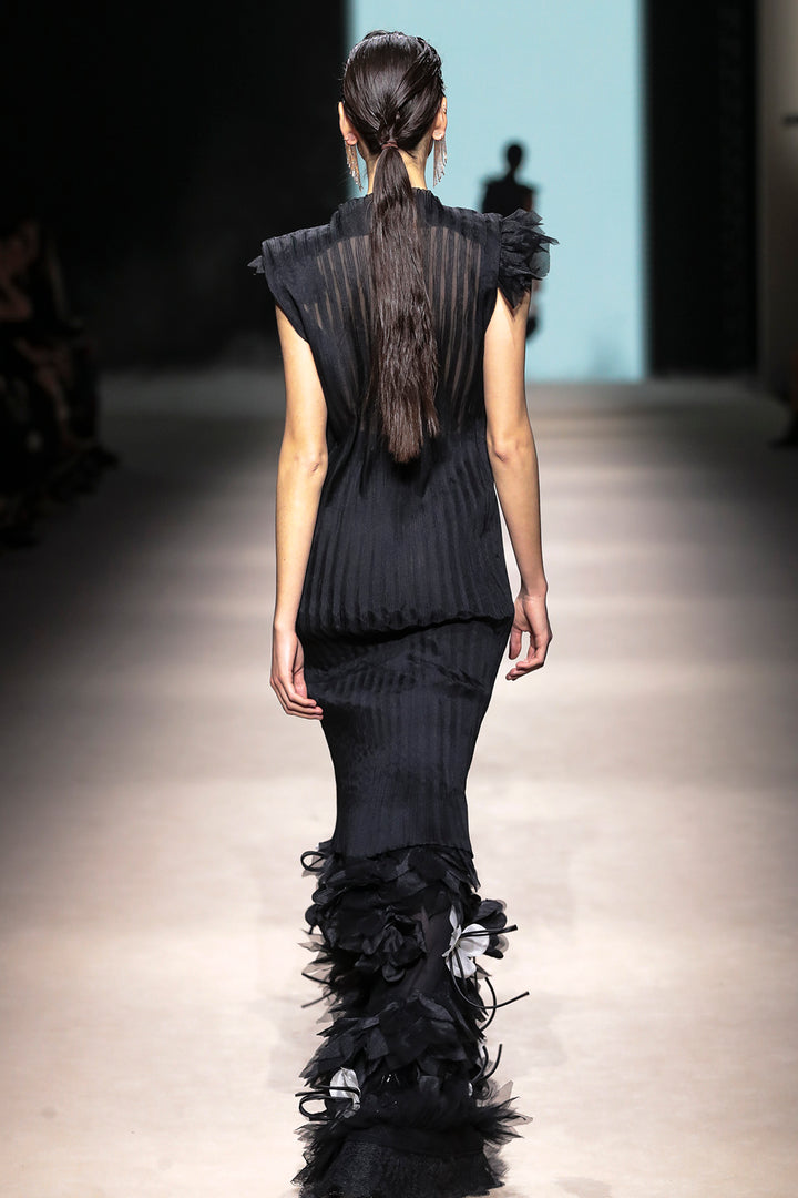 Pleated Bodice with Tulle and Column Long Dress