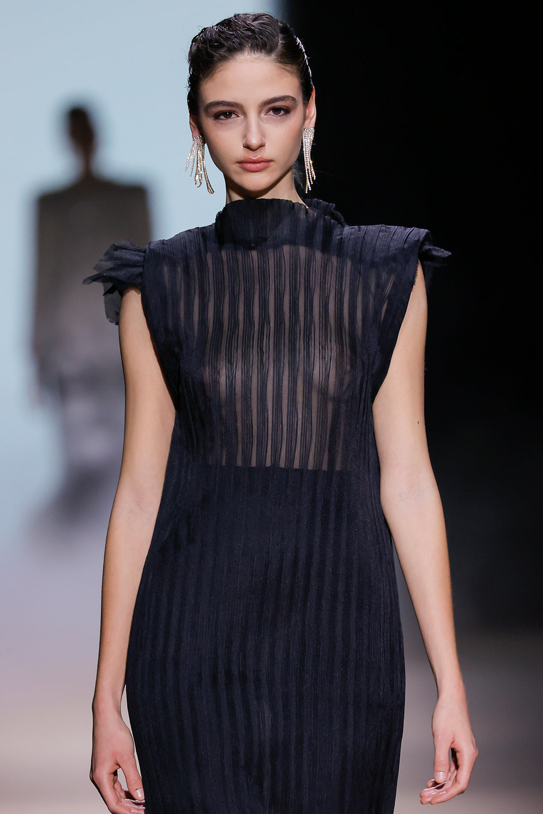 Pleated Bodice with Tulle and Column Long Dress