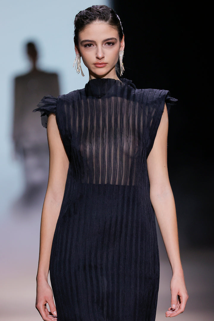 Pleated Bodice with Tulle and Column Long Dress