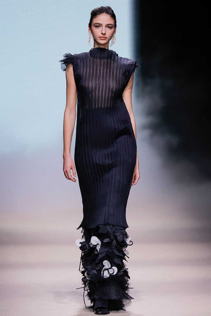 Pleated Bodice with Tulle and Column Long Dress