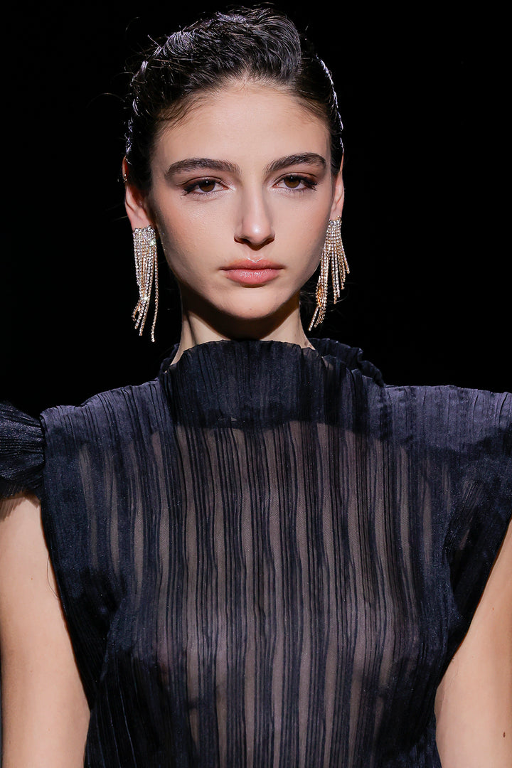 Pleated Bodice with Tulle and Column Long Dress