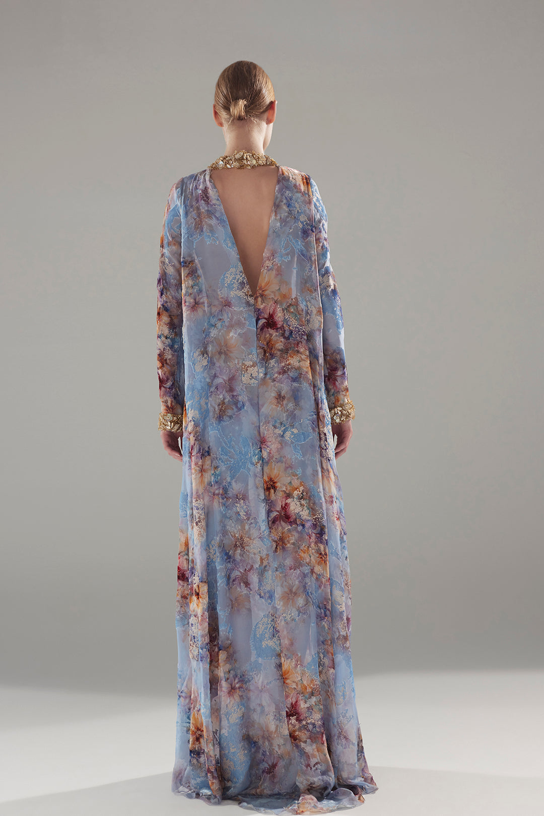Silk Chiffon Kaftan with Floral Print and Jewel-Embellished Details