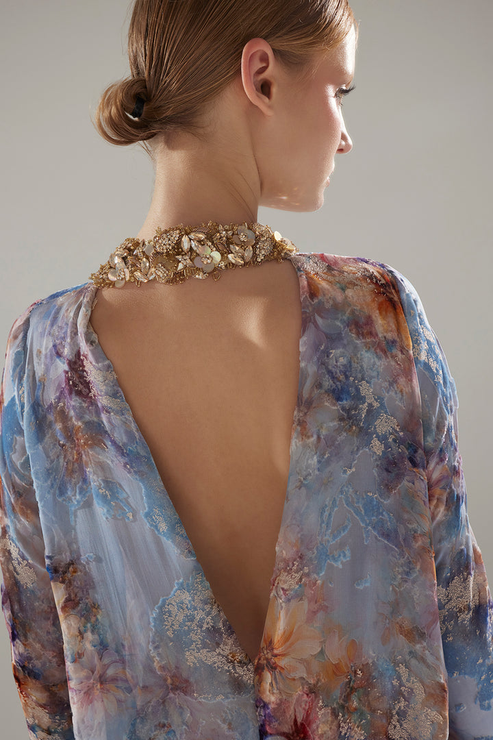 Silk Chiffon Kaftan with Floral Print and Jewel-Embellished Details