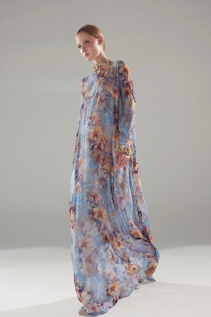 Silk Chiffon Kaftan with Floral Print and Jewel-Embellished Details
