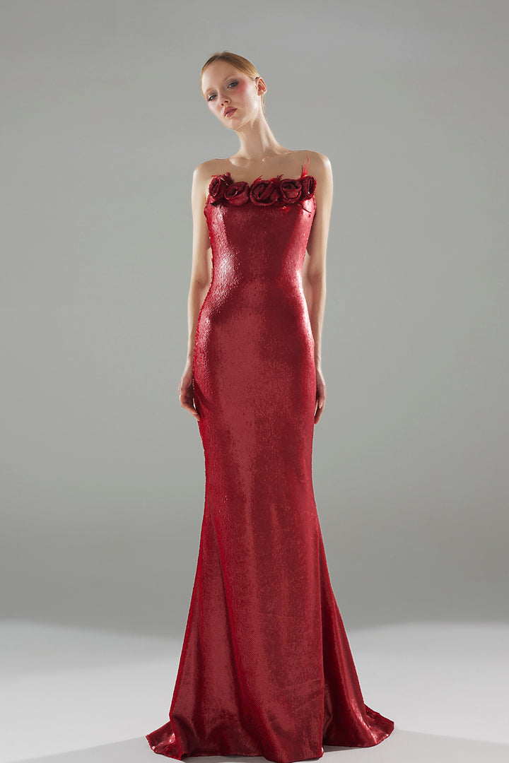 Mermaid Long Dress with 3D Floral Embellishments