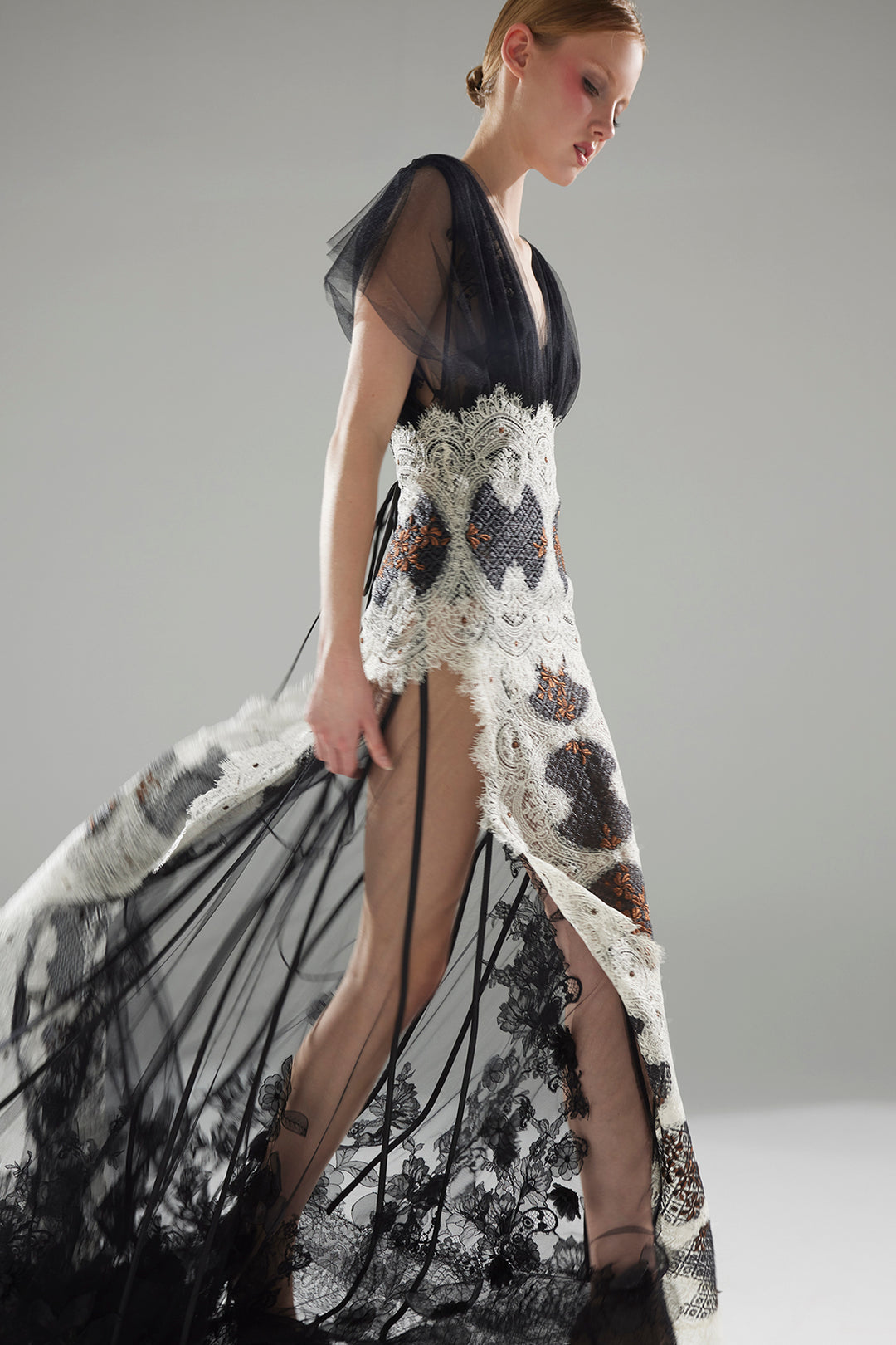 Lace and Tulle Dress with V-Neckline and Sheer Overlay