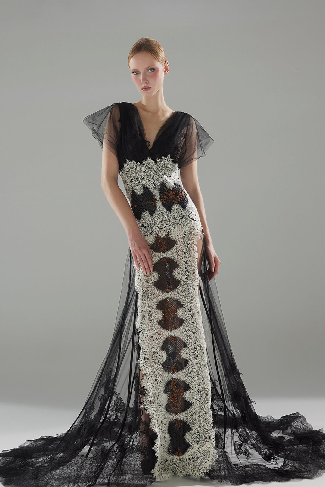 Lace and Tulle Dress with V-Neckline and Sheer Overlay M.R DESIGN Lace and Tulle Dress with V-Neckline and Sheer Overlay M.R DESIGN