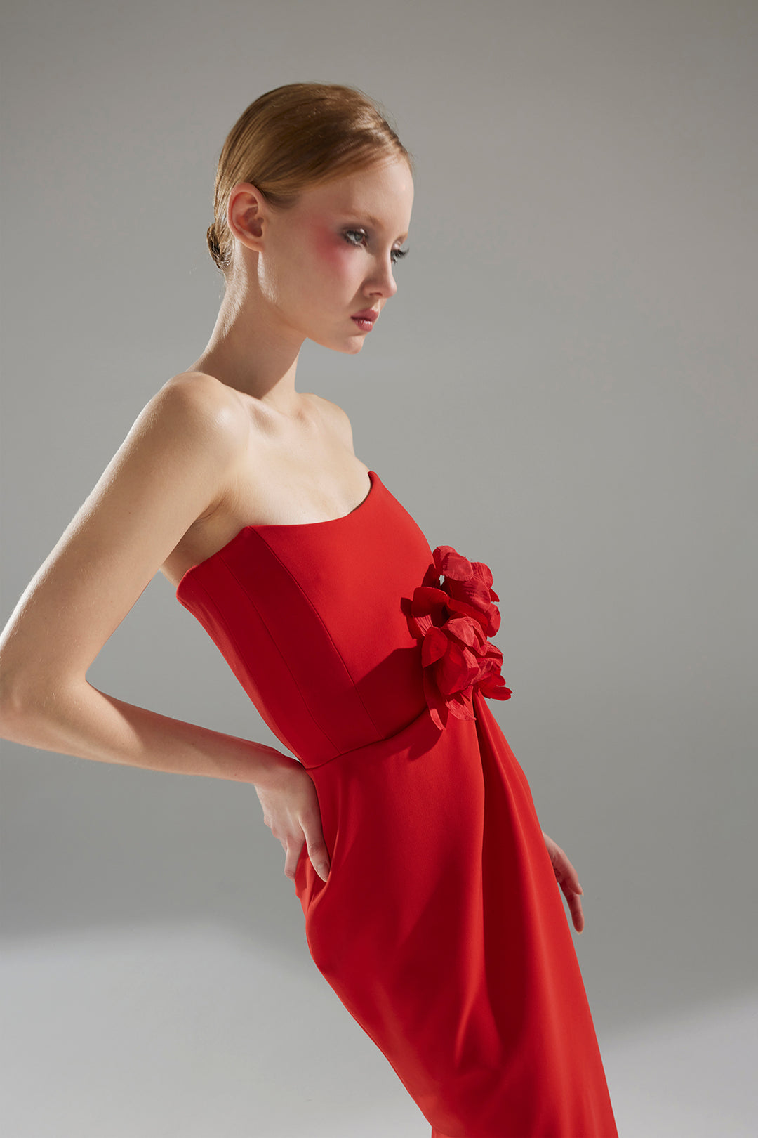 Crepe Column Dress with Sculptural 3D Floral Accessory