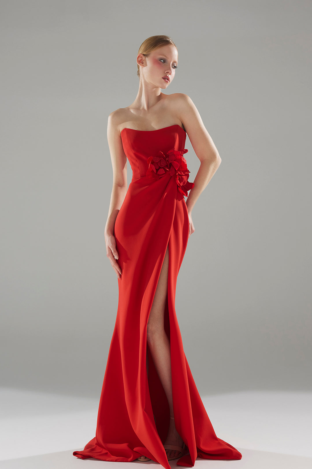 Crepe Column Dress with Sculptural 3D Floral Accessory