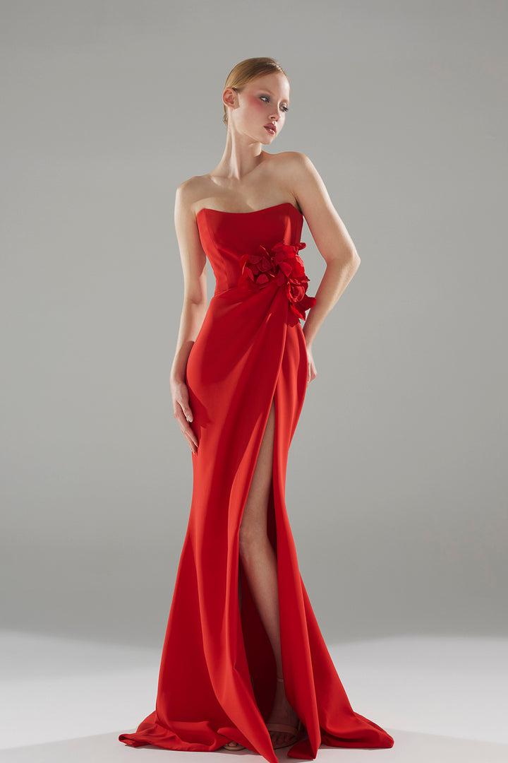 Crepe Column Dress with Sculptural 3D Floral Accessory