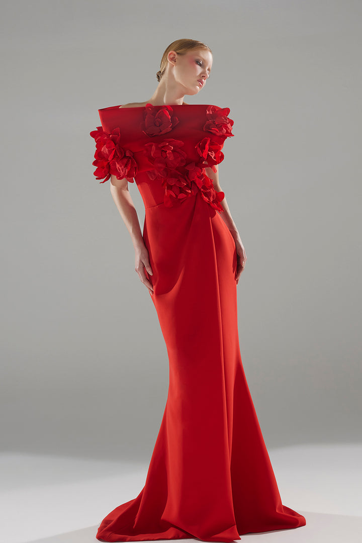 Crepe Column Dress with Sculptural 3D Floral Accessory
