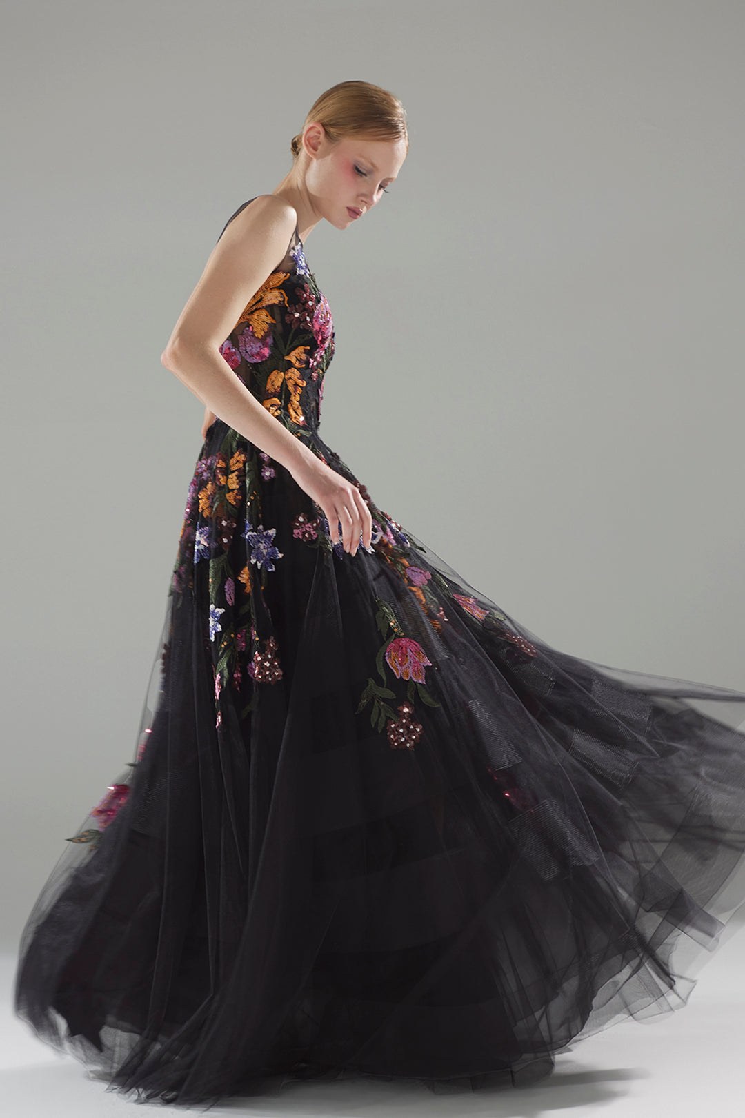 Embroidered A-Line Dress with Sheer Illusion Neckline