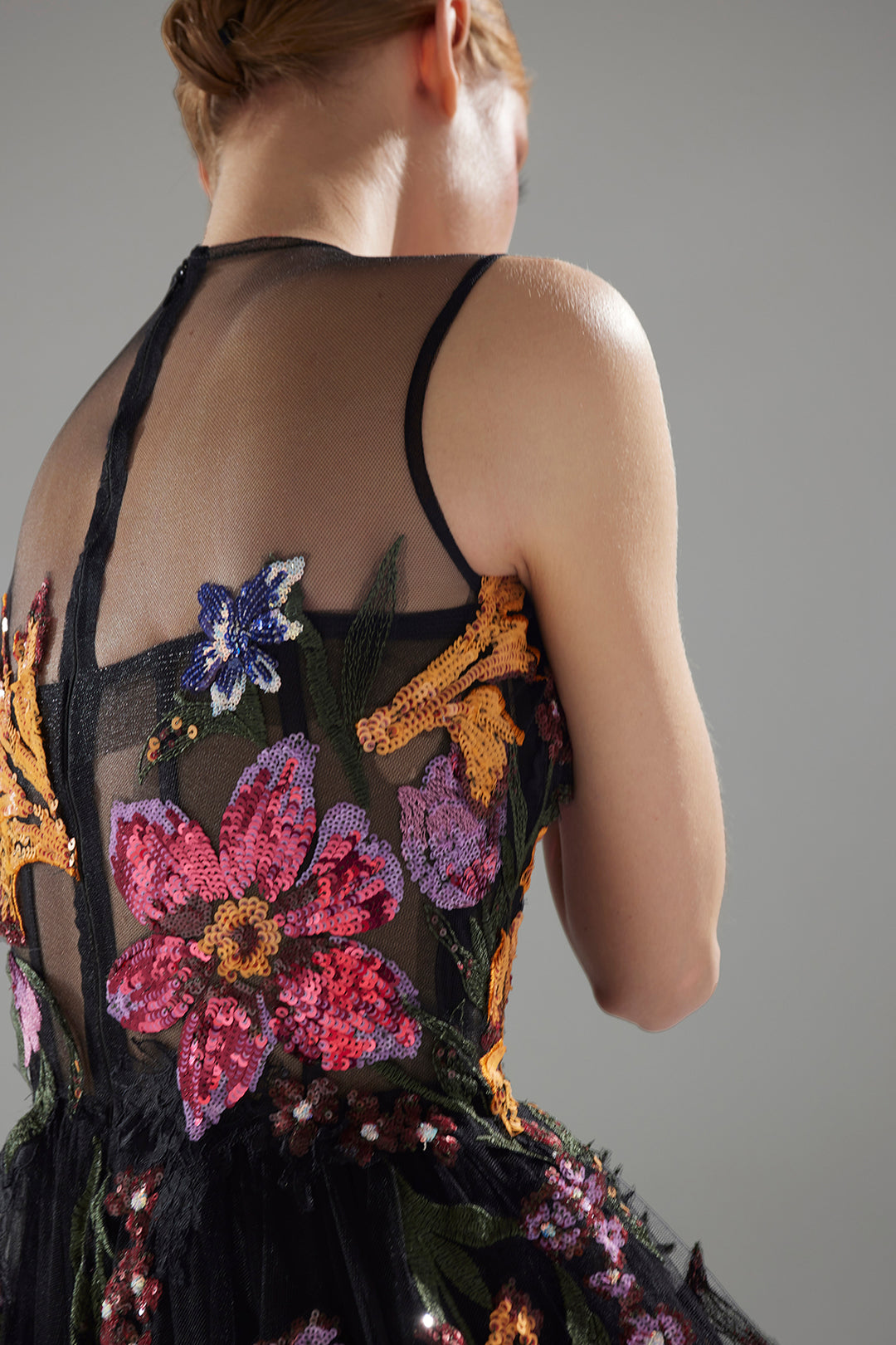 Embroidered A-Line Dress with Sheer Illusion Neckline