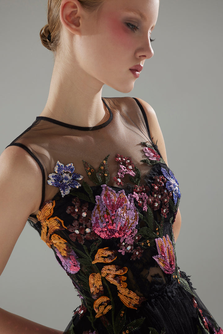 Embroidered A-Line Dress with Sheer Illusion Neckline