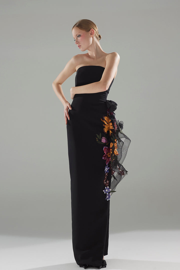 Sculpted Strapless Crepe Dress with Floral Side Panel