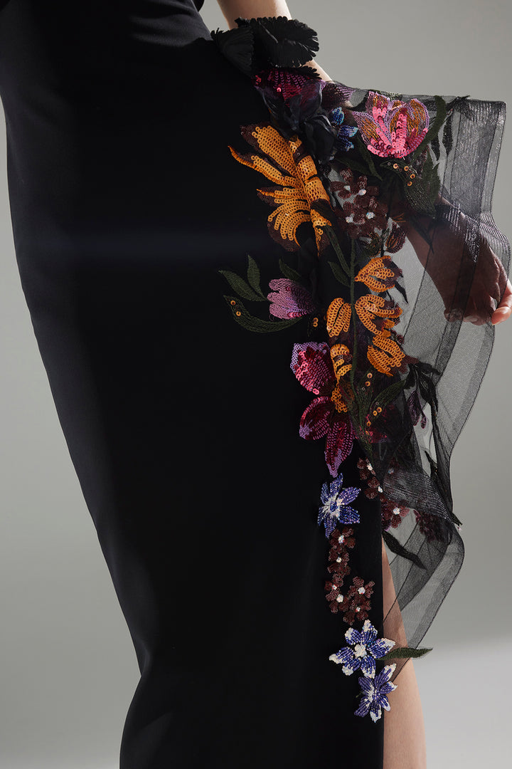 Sculpted Strapless Crepe Dress with Floral Side Panel