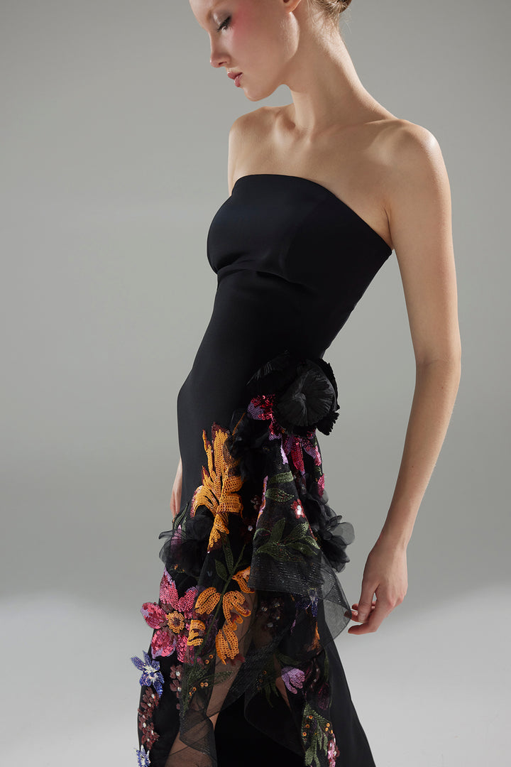 Sculpted Strapless Crepe Dress with Floral Side Panel