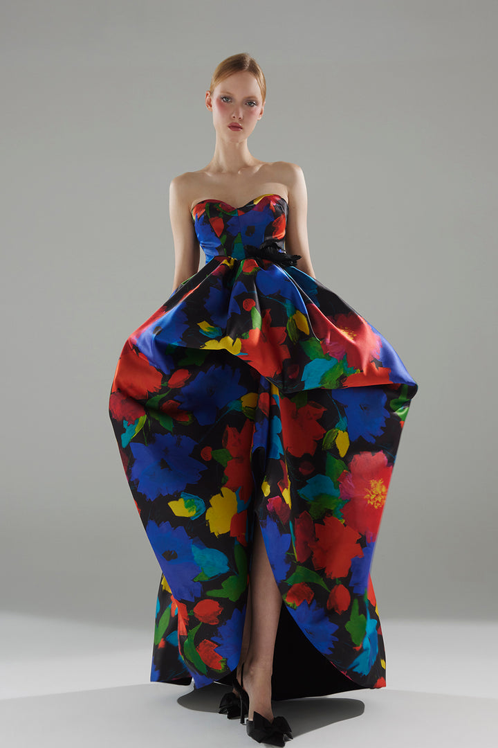 Strapless Mikado Dress with Floral Print